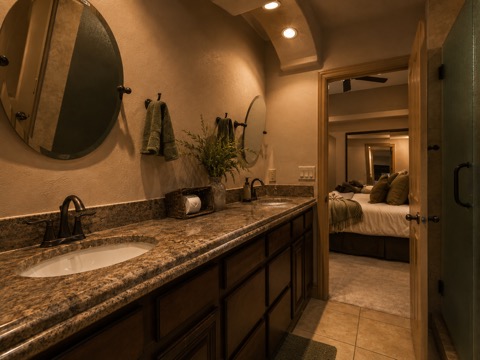 Jack & Jill Bath — Shared Between Bedrooms — The Albatross 11-bedroom golf mansion near Wolf Creek, Mesquite NV
