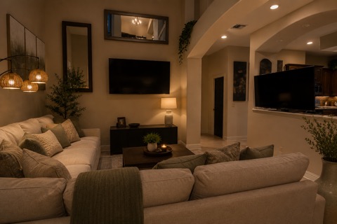 Main Living Room — Big Screens for the Sunday Round — The Albatross 11-bedroom golf mansion near Wolf Creek, Mesquite NV